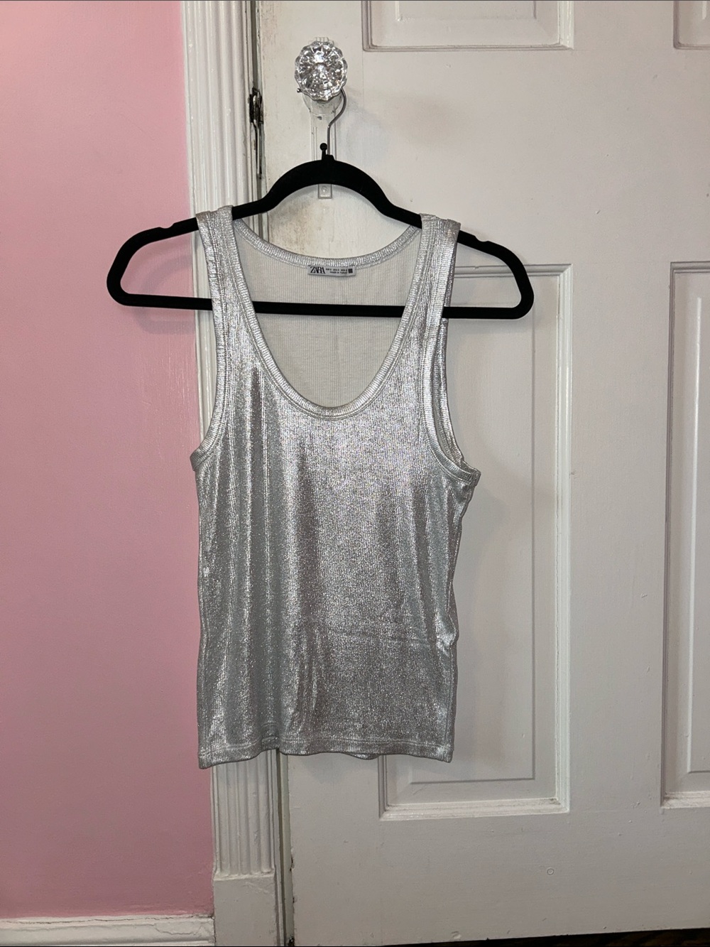 Zara Silver Metallic Scoop Tank Top